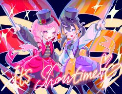 Rule 34 | 2girls, :d, black hair, blonde hair, blue eyes, blush, commentary, drill hair, english commentary, english text, fish hat ornament, flag, flower, glint, hat, hat flower, highres, holding, holding flag, looking at viewer, milkuriem, multicolored hair, multiple girls, nijisanji, nijisanji en, obsydia (nijisanji), one eye closed, open mouth, outline, petra gurin, pink eyes, pink hair, rosemi lovelock, side drill, smile, streaked hair, top hat, twintails, virtual youtuber, white outline