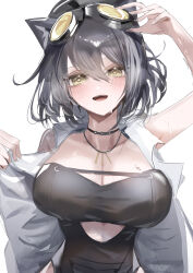 Rule 34 | 1girl, absurdres, adjusting eyewear, animal ears, arknights, arm up, black choker, black dress, blush, breasts, cat ears, choker, cleavage, clothing cutout, commentary, dress, goggles, goggles on head, grey hair, hair between eyes, hand on eyewear, hand up, highres, horobu, jacket, jewelry, large breasts, looking at viewer, medium hair, necklace, open clothes, open jacket, open mouth, rockrock (arknights), simple background, sketch, sleeveless, sleeveless dress, sleeveless jacket, solo, stomach cutout, straight-on, sweat, twitter username, upper body, white background, white jacket, yellow eyes