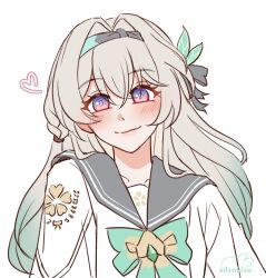 adzukizu blush bow bowtie closed_mouth collared_shirt firefly_(honkai:_star_rail) firefly_(spring_missive)_(honkai:_star_rail) gradient_eyes gradient_hair green_bow green_bowtie green_pupils grey_hair grey_hairband grey_ribbon grey_sailor_collar hair_between_eyes hair_intakes hair_ornament hair_ribbon hairband heart highres honkai:_star_rail honkai_(series) multicolored_eyes multicolored_hair ribbon sailor_collar shirt simple_background smile twitter_username two-tone_eyes white_background white_shirt white_sleeves