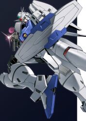 Rule 34 | absurdres, aiming, beam rifle, black background, commentary, energy gun, foot out of frame, from side, green eyes, gun, gundam, gundam 0083, gundam gp-03 stamen, highres, holding, holding gun, holding weapon, mecha, mecha focus, mobile suit, no humans, robot, science fiction, shield, solo, takahashi masaki, two-tone background, v-fin, weapon, white background