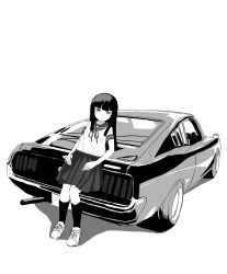 1girl absurdres blunt_bangs car dress full_body greyscale hatsuyuki_(kancolle) highres kantai_collection long_hair monochrome motor_vehicle pleated_dress sailor_collar sailor_shirt school_uniform serafuku shirt sitting solo standing toplow toyota toyota_celica toyota_celica_gt_2000 vehicle_request