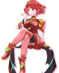 Rule 34 | 1girl, black gloves, blush, breasts, cherubi nbo, chest jewel, closed mouth, earrings, fingerless gloves, gloves, highres, index finger raised, jewelry, large breasts, looking at viewer, pink thighhighs, pyra (xenoblade), red eyes, red hair, red shoes, shoes, short hair, sitting, smile, solo, star (symbol), thighhighs, white background, xenoblade chronicles (series), xenoblade chronicles 2