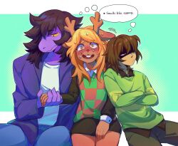 1other 2girls @_@ animal_ears antlers blonde_hair blue_pants bored broad_shoulders brown_fur brown_hair brown_pants brown_shirt brown_skirt buck_teeth checkered_clothes checkered_sweater_vest checkered_vest collared_jacket collared_shirt colored_sclera colored_skin confused crossed_arms deer_antlers deer_ears deer_girl deltarune denim expressionless fang freckles furry furry_female green_background green_sweater gumientchen half-closed_eyes halftone halftone_background highres holding_hands horns jacket jeans kris_(deltarune) leaning_on_person long_hair long_sleeves messy_hair miniskirt multiple_girls nervous nervous_smile nervous_sweating noelle_holiday panicking pants purple_jacket purple_scales purple_skin red_eyes reindeer_girl reptile_girl shaded_face shirt single_horizontal_stripe skin_fang skirt smile speech_bubble susie_(deltarune) sweat sweater teeth thinking thought_bubble two-tone_sweater_vest unamused vest wavy_hair white_shirt yellow_eyes yellow_sclera yuri
