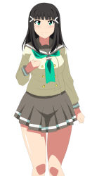 1girl absurdres black_hair blush breasts green_eyes green_neckerchief grey_sailor_collar grey_skirt highres kurosawa_dia long_hair looking_at_viewer love_live! medium_breasts mole mole_under_mouth neckerchief pleated_skirt sailor_collar school_uniform shiny_skin simple_background skirt smile solo standing straight_hair supudere_(doki2sdale) thighs uranohoshi_school_uniform white_background