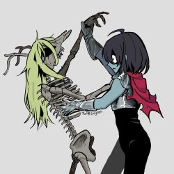Rule 34 | 1girl, 1other, antlers, armor, armored gloves, black hair, black unitard, blonde hair, blue skin, cape, colored skin, commentary, dancing, deer antlers, deltarune, hashtag-only commentary, holding another&#039;s wrist, horns, kris (dark world) (deltarune), kris (deltarune), long hair, losyrin, noelle holiday, red cape, signature, skeleton