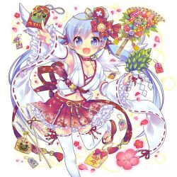 1girl angel_wings armpits asuna_healia blue_eyes blue_hair breasts choker cleavage detached_sleeves ech frilled_skirt frilled_sleeves frills geta hair_ornament holding japanese_clothes long_hair miko red_choker skirt thighhighs twintails uchi_no_hime-sama_ga_ichiban_kawaii very_long_hair white_thighhighs wings