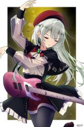 1girl 7-string_guitar arm_up ascot bang_dream! bang_dream!_it&#039;s_mygo!!!!! beret black_capelet black_pantyhose black_skirt blush border capelet closed_eyes closed_mouth commentary_request earrings electric_guitar green_brooch green_hair guitar hat highres instrument izami_md jewelry long_hair long_sleeves mortis_(bang_dream!) mortis_(costume)_(bang_dream!) outside_border pantyhose pantyhose_under_shorts red_hat red_shorts shirt shorts showgirl_skirt skirt solo wakaba_mutsumi white_ascot white_border white_shirt