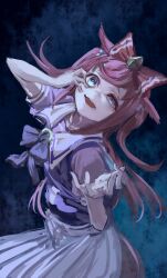 Rule 34 | 1girl, agnes digital (umamusume), animal ears, blue eyes, bow, bowtie, crazy eyes, hair bow, hand on own face, highres, horse ears, horse girl, inishie kumo, long hair, open mouth, pink hair, pleated skirt, purple bow, purple bowtie, purple shirt, sailor collar, school uniform, shirt, short sleeves, skirt, solo, tracen school uniform, two side up, umamusume, uneven eyes, white sailor collar, white skirt