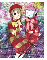 2girls ahoge artbook beret blunt_ends bow bowtie dress grey_hair hat highres looking_at_viewer love_live! love_live!_nijigasaki_high_school_idol_club multiple_girls nakasu_kasumi non-web_source official_art one_eye_closed open_mouth pink_bow pink_eyes pink_hair plaid_clothes plaid_dress red_dress rina-chan_board short_hair sitting smile tennoji_rina wrist_cuffs yellow_bow yokota_takumi