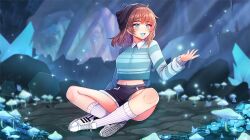 Rule 34 | 1girl, 2022, black shorts, blue eyes, blue shirt, ifera, indie virtual youtuber, jirafuru, mushroom, mushroom girl, shirt, shoes, shorts, sitting, solo, white shoes