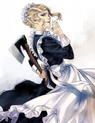 Rule 34 | 1girl, apron, arm behind back, axe, black dress, blonde hair, blue eyes, collared dress, dress, frilled apron, frills, hair bun, hand up, highres, holding, holding axe, jane (kuroshitsuji), kuroshitsuji, long dress, long sleeves, looking at viewer, maid, maid apron, maid headdress, official art, short hair, sidelocks, simple background, single hair bun, solo, toboso yana, white apron, white background, white sleeve cuffs