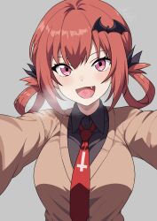 Rule 34 | 1girl, :d, absurdres, bat hair ornament, blush, breasts, breath, collared shirt, commentary, fang, foreshortening, gabriel dropout, grey background, hair ornament, highres, large breasts, long sleeves, looking at viewer, medium hair, n0e11e, necktie, open mouth, pink eyes, pov, satanichia kurumizawa mcdowell, shirt, sidelocks, simple background, smile, solo, straight-on, twintails, upper body, vest