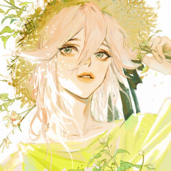 argentum_1121 black_ribbon blonde_hair eyeshadow green_eyes hair_between_eyes hair_ribbon hand_up hat highres lipstick long_bangs makeup original parted_lips plant ribbon shirt sketch straw_hat teeth white_background yellow_shirt