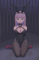 1girl animal_ear_hairband animal_ears armbinder arms_behind_back ball_gag bare_shoulders bars bdsm between_breasts black_leotard blue_eyes bondage bound bound_arms breasts cleavage collar commentary_request covered_navel cum cum_in_mouth cum_on_body cum_on_breasts cum_on_hair cum_on_lower_body cum_on_upper_body cumdrip drooling facial fake_animal_ears female_focus full_body gag gag_around_neck hairband high_heels highres leotard long_hair medium_breasts open_mouth original oyakomastar pantyhose pink_hair pink_shoes playboy_bunny prison rabbit_ear_hairband rabbit_ears remote_control_vibrator restrained saliva sex_toy shoes sidelocks sitting solo strapless strapless_leotard unworn_gag vibrator wariza wiffle_gag