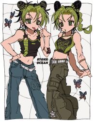 1girl :o :p arms_behind_back bare_shoulders belt black_border black_hair black_tank_top blue_pants border bracelet braid braided_ponytail breasts bug bun_with_braided_base butterfly butterfly_tattoo cargo_pants cone_hair_bun copyright_name curtained_hair denim dot_nose double_bun english_text finger_to_own_nose fu_r_y green_hair green_lips green_pants green_tank_top grid_background hair_between_eyes hair_bun hand_on_own_hip highres insect jeans jewelry jojo_no_kimyou_na_bouken kuujou_jolyne medium_hair messy_hair midriff multicolored_hair multiple_views navel outside_border pants parted_bangs pearl_bracelet print_tank_top shirt short_hair sketch small_breasts star_(symbol) star_ornament stone_ocean stretching tank_top tattoo tongue tongue_out two-tone_hair white_belt white_border