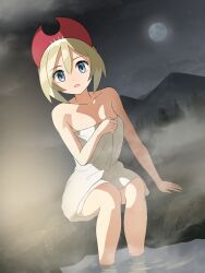 1girl absurdres arm_support blonde_hair blue_eyes collarbone commentary_request eyelashes hair_between_eyes hairband highres hill irida_(pokemon) looking_at_viewer medium_hair mikan_(mikan_no_happa) moon naked_towel night nintendo open_mouth outdoors pokemon pokemon_legends:_arceus red_hairband sitting sky soaking_feet solo steam towel water