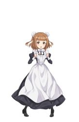 Rule 34 | 1girl, :o, apron, beatrice (princess principal), black legwear, blush, bow, brown eyes, brown hair, bun cover, clenched hand, double bun, female focus, full body, hair bun, hands up, high heels, highres, long sleeves, looking at viewer, maid, official art, princess principal, princess principal game of mission, puffy long sleeves, puffy sleeves, solo, standing, transparent background, white bow