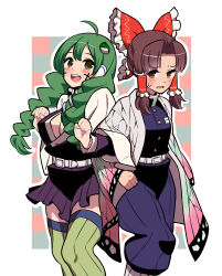 Rule 34 | 2girls, ahoge, animal print, belt, benikurage (cookie), black pants, black shirt, black skirt, blush, border, bow, breasts, brown eyes, brown hair, butterfly print, cleavage, commentary request, cookie (touhou), cosplay, cross, facepaint, feet out of frame, frilled bow, frilled hair tubes, frills, frog hair ornament, green hair, green legwear, hair bow, hair ornament, hair tubes, hakumai (nicoseiga80737518), hakurei reimu, haori, japanese clothes, kanroji mitsuri, kanroji mitsuri (cosplay), kimetsu no yaiba, kochiya sanae, kochou shinobu, kochou shinobu (cosplay), large breasts, locked arms, long hair, long sleeves, looking at viewer, medium hair, multiple girls, open mouth, pants, parted bangs, paseri (cookie), shirt, skirt, smile, thighhighs, touhou, white belt, white border, wide sleeves