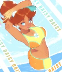 1girl blue_eyes blue_sky breasts brown_hair cleavage commentary crop_top dark-skinned_female dark_skin day english_commentary highres large_breasts long_hair looking_at_viewer male_swimwear mamasylvii mario_(series) mario_kart mario_kart_world navel nintendo ocean orange_shorts outdoors partially_submerged ponytail princess_daisy princess_daisy_(swimwear)_(mario_kart_world) shorts sky smile solo standing swim_trunks swimsuit tan tongue tongue_out visor_cap