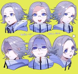 1boy :d :o aotsuki_eito cropped_shoulders dated eromkk evil_smile frown glasses grey_hair grimace highres jacket looking_at_viewer male_focus multiple_expressions multiple_views open_mouth purple_eyes shaded_face short_hair simple_background smile spoilers star_(symbol) the_hundred_line_-last_defense_academy- twitter_username yellow_background
