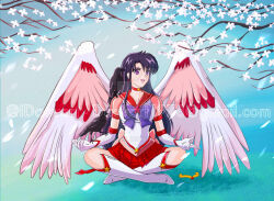 Rule 34 | 1girl, angel wings, animal, animal on arm, animal on shoulder, bird, bird on arm, bird on shoulder, bishoujo senshi sailor moon, black bird, black hair, boots, crossed legs, crow, gloves, happy, hino rei, indian style, knee boots, kneecap, kneecaps, leggings, legs, long hair, long legs, magical girl, meditation, on floor, on ground, open mouth, purple eyes, purple hair, red skirt, resting, sailor mars, sitting, skirt, smile, super sailor mars (stars), very long hair, white footwear, white gloves, wings, yellow star
