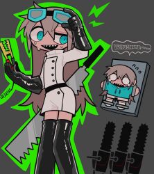 2girls adjusting_eyewear aqua_eyes aqua_hoodie belt black_belt black_gloves black_thighhighs blonde_hair blue-framed_eyewear buttons chainsaw cleaver clone coat evil_smile flying_sweatdrops gloves goggles goggles_on_head green_outline grey_background highres holding hood hoodie ichika-chan_(iiiichimaru_03) iiiichimaru_03 latex latex_gloves latex_thighhighs long_hair multiple_girls o_o open_mouth original outline restrained sharp_teeth shorts sidelocks simple_background smile sweat tears teeth thighhighs weapon_request white_coat white_shorts