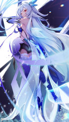Rule 34 | 1girl, absurdres, asahi (vjss4548), ass, backless outfit, black shorts, boots, breasts, from behind, from below, genshin impact, grey hair, high heel boots, high heels, highres, light particles, long hair, looking at viewer, looking back, medium breasts, parted lips, purple hands, purple thighhighs, red eyes, shorts, skirk (genshin impact), solo, standing, thighhighs