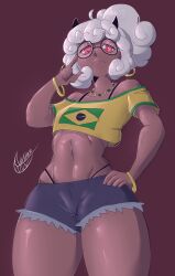 1girl absurdres bikini bikini_under_clothes black_horns blue_shorts bracelet brazilian_flag brazilian_flag_print brazilian_miku brazilian_miku_(cosplay) cosplay cowboy_shot demon_girl demon_horns flag_print glasses hand_on_own_hip hatsune_miku helltaker highres horns index_finger_raised jewelry looking_at_viewer midriff navel necklace notherd off-shoulder_shirt off_shoulder pandemonica_(helltaker) ponytail print_shirt red_background red_eyes round_eyewear shirt shorts signature solo swimsuit vocaloid white_hair yellow_shirt