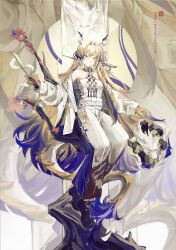 1girl absurdres arknights bare_shoulders beads belt blonde_hair chinese_commentary closed_mouth colored_extremities commentary_request dragon dragon_girl dragon_horns dragon_tail eastern_dragon grey_eyes hair_intakes highres holding holding_sword holding_weapon horns jacket jewelry long_hair long_sleeves looking_at_viewer magic multicolored_hair necklace off_shoulder pants purple_hair qi_(rkmm2425) shu_(arknights) smile solo strapless sword tail tube_top very_long_hair weapon white_belt white_hair white_jacket white_pants white_tube_top