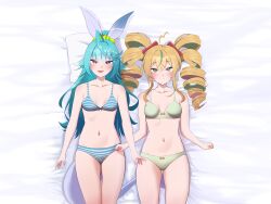 Rule 34 | 2girls, azuri delfi, bed, bed sheet, belly, blonde hair, blue hair, blush, bow, bra, breasts, closed mouth, clover, clover hair ornament, commission, drill hair, frog, frog hair ornament, green bra, green panties, hair bow, hair ornament, hair ribbon, highres, indoors, knee up, knees up, long hair, looking at viewer, lying, multiple girls, navel, nophilia, on back, on bed, open mouth, panties, pillow, ribbon, short hair, small breasts, smile, striped bra, striped clothes, striped panties, thighs, underwear, virtual youtuber