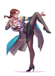 alternate_costume black_skirt clothes_lift formal_clothes frilled_shirt_collar frills glasses high_heels highres julia_chang miniskirt namco pantyhose pencil_skirt skirt skirt_lift skirt_suit suit tekken