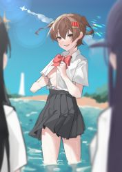 3girls :d absurdres aijou_karen aircraft airplane beach black_hair blue_sky blurry blurry_background blurry_foreground bow bowtie breasts brown_eyes brown_hair clear_sky collared_shirt commentary_request contrail crown_hair_ornament day depth_of_field dress_shirt facing_away fataaa grey_skirt hair_between_eyes hands_up high-waist_skirt highres kagura_hikari lens_flare long_hair looking_at_another miniskirt multiple_girls no_bra open_clothes open_mouth open_shirt outdoors pleated_skirt purple_hair red_bow red_neckwear school_uniform seishou_music_academy_uniform shirt shirt_tucked_in short_hair short_sleeves shoujo_kageki_revue_starlight skirt sky small_breasts smile solo_focus sparkle_hair_ornament standing teeth tsuyuzaki_mahiru two_side_up undressing upper_teeth_only wading water water_drop wet white_shirt