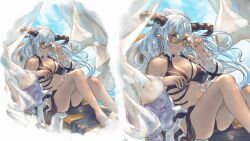 1girl bikini black_bikini black_horns breasts curled_horns dark-skinned_female dark_skin draph fediel_(granblue_fantasy) fediel_(summer)_(granblue_fantasy) granblue_fantasy grey_hair hibana_(hibana_ztlv) highres horns inflatable_toy long_hair looking_at_viewer navel pointy_ears ponytail purple_eyes round_eyewear solo stomach sunglasses swimsuit