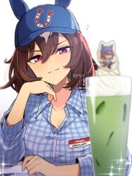 1girl animal_ear_headwear baseball_cap blue_hat blue_shirt blurry blurry_background breasts brown_hair cleavage closed_mouth collared_shirt cup depth_of_field diffraction_spikes eighth_note fake_animal_ears hat head_rest highres long_hair long_sleeves looking_at_viewer medium_breasts musical_note name_tag plaid_clothes plaid_shirt red_eyes shirt simple_background sirius_symboli_(umamusume) smile solo sparkle straight_hair toji_(y2toj2) twitter_username umamusume upper_body white_background