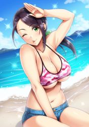 1girl bare_shoulders beach bikini bikini_top_only black_hair blush breasts camouflage camouflage_bikini cleavage closed_mouth collarbone day denim denim_shorts female_focus green_eyes highres idolmaster idolmaster_cinderella_girls large_breasts long_hair looking_at_viewer navel ocean one_eye_closed pink_bikini ponytail salute scrunchie short_shorts shorts sitting smile solo sparkle swept_bangs swimsuit thighs tongue tongue_out yamato_aki yoohi