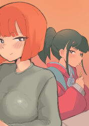 2girls absurdres black_hair cafin eating female_focus food food_in_mouth french_fries girlfriend_(yoru_mac) highres jacket looking_at_another mcdonald&#039;s mother_(yoru_mac) multiple_girls orange_hair ponytail short_hair smile smirk sweater upper_body yoru_mac