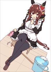 1girl alternate_costume animal_ears black_dress black_thighhighs bow braid braided_hair_rings brown_shoes bucket commentary_request dress ear_covers ear_ornament enmaided frilled_dress frills full_body gentildonna_(umamusume) hair_between_eyes hair_rings highres horse_ears horse_girl horse_tail loafers long_hair long_sleeves maid maid_headdress mop open_mouth red_eyes shoes sidelocks sitting solo tail thighhighs towel umamusume wahiko_(black_bastard) white_background white_bow