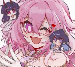 2girls :d bare_shoulders bilizinger blue_pupils blush bridal_veil chibi chibi_inset chinese_commentary colored_inner_hair commentary_request crossed_bangs elysia_(herrscher_of_human:_ego)_(honkai_impact) elysia_(honkai_impact) gloves hair_between_eyes hair_ornament hand_up heart honkai_(series) honkai_impact_3rd horns long_hair long_horns looking_at_another looking_at_viewer multicolored_hair multiple_girls one_eye_closed open_mouth pink_hair portrait purple_eyes purple_hair raiden_mei raiden_mei_(herrscher_of_origin) raiden_mei_(herrscher_of_thunder) red_horns red_pupils smile sparkling_eyes streaked_hair veil white_gloves white_veil