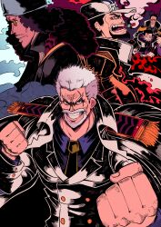 5boys absurdres aokiji_(one_piece) beard black_hair cigar clenched_hands collared_shirt commentary english_commentary epaulettes facial_hair fujitora_(one_piece) hat highres holding holding_sword holding_weapon kizaru_(one_piece) looking_at_viewer male_focus monkey_d._garp multiple_boys necktie one_piece sakazuki_(one_piece) scar scar_on_face shirt short_hair smoke sword vakodraws weapon white_hair