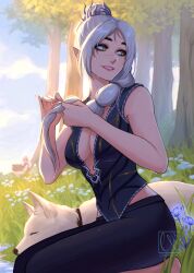 1girl animal artist_name baldur&#039;s_gate baldur&#039;s_gate_3 barefoot black_pants black_shirt blue_sky braid breasts caminukai character_request cleavage closed_eyes cloud commentary dog dungeons_&amp;_dragons dungeons_&amp;_dragons elf english_commentary flower freckles grass green_eyes highres long_hair medium_breasts outdoors pants pointy_ears purple_flower scar scar_on_face scratch_(baldur&#039;s_gate) shadowheart_(baldur&#039;s_gate) shirt signature sitting sky sleeping sleeveless sleeveless_shirt tree water wet wet_hair white_dog white_hair