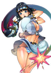 1girl ancient_princess_menace bad_id bad_pixiv_id black_hair blue_eyes blue_panties blue_shirt blue_skirt breasts cleavage clothes_lift covered_erect_nipples f.s. female_focus hitting large_breasts looking_at_viewer menace_(queen&#039;s_blade) midriff miniskirt navel no_bra open_mouth panties queen&#039;s_blade shirt short_sleeves side-tie_panties simple_background skirt skirt_lift solo string_panties striped_clothes striped_panties thighs underwear visor_cap white_background