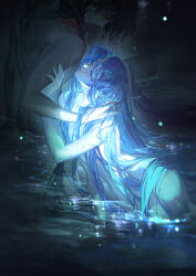 2boys ao_bing_(nezha_zhi_motong_jiangshi) back black_hair blue_eyes blue_hair blue_horns blue_lips blue_theme blurry blush chinese_commentary closed_mouth colored_skin completely_nude dark-skinned_male dark_skin depth_of_field dragon_boy dragon_horns eyelashes facial_mark facial_tattoo fingernails forehead_mark from_side glowing half-closed_eyes hand_in_another&#039;s_hair hand_on_another&#039;s_arm hand_on_another&#039;s_neck hand_up highres horns hug kneeling leaning_on_person licking light_particles long_hair looking_at_another male_focus multiple_boys nezha_(nezha_zhi_motong_jiangshi) nezha_zhi_motong_jiangshi night nude parted_lips partially_submerged pointy_ears profile shoulder_tattoo tattoo tongue tongue_out very_long_hair wading water wet wet_hair yaoi yinzinmiemie