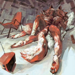 2girls \n/ animal_ears ass bad_id bad_pixiv_id chair denchou furry furry_female highres leg_up looking_at_viewer looking_back lying monochrome multiple_girls muted_color nude on_back on_stomach open_mouth original perspective short_hair tail television v