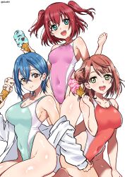 3girls absurdres ai_scream!_(love_live!) aiscream_(love_live!) aiuti aqua_eyes blue_hair blue_one-piece_swimsuit brown_eyes competition_swimsuit covered_navel food green_eyes hair_bun highleg highleg_one-piece_swimsuit highres ice_cream jacket kurosawa_ruby love_live! love_live!_nijigasaki_high_school_idol_club love_live!_sunshine!! love_live!_superstar!! multiple_girls one-piece_swimsuit open_mouth pink_one-piece_swimsuit red_hair red_one-piece_swimsuit round_teeth short_hair simple_background single_hair_bun swimsuit teeth twitter_username two-tone_swimsuit two_side_up uehara_ayumu upper_teeth_only w_arms wakana_shiki white_background white_jacket