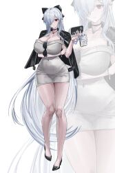 1girl absurdres arm_under_breasts black_bow black_bra black_choker black_jacket black_panties bow bra bra_visible_through_clothes breasts choker cinderella_(beautiful_me)_(nikke) cinderella_(nikke) cleavage closed_mouth collar collarbone covered_navel disgustingtokki dongtan_dress dress eyewear_hang goddess_of_victory:_nikke grey_dress hair_over_one_eye heart_collar highres holding holding_phone huge_breasts jacket jacket_on_shoulders jewelry long_hair meme_attire official_alternate_costume pale_skin panties panties_visible_through_clothes phone red_eyes simple_background skin_tight solo sunglasses thick_thighs thighs tight_clothes tight_dress underwear unworn_eyewear very_long_hair white_background white_hair