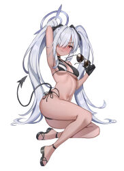1girl absurdres arm_up armpits bikini black_bikini blue_archive blush bow breasts chai_mao commentary dark-skinned_female dark_skin demon_tail grey_hair hair_bow hair_over_one_eye halo highres holding holding_removed_eyewear iori_(blue_archive) legs long_hair looking_at_viewer medium_breasts navel red_eyes sandals side-tie_bikini_bottom simple_background solo stomach sunglasses swimsuit tail twintails unworn_eyewear white_background
