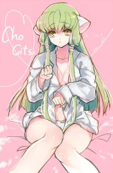 1girl breasts c.c. chii chii_(cosplay) chobits code_geass cosplay creayus dress_shirt female_focus green_hair hair_tubes jpeg_artifacts long_hair looking_at_viewer no_bra no_pants open_clothes panties paw_pose shiny_skin shirt solo underwear white_panties white_shirt yellow_eyes