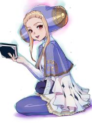1girl blonde_hair blue_capelet blue_pantyhose book capelet dress highres holding holding_book ingrid_(capcom) pantyhose red_eyes sidelocks sitting solo street_fighter street_fighter_6 white_dress yukinoshin_f