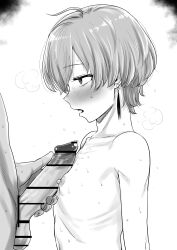 2boys absurdres ahoge between_pecs between_pectorals completely_nude earrings fangs fellatio from_side genderswap genderswap_(otm) greyscale highres jewelry kaiman_garupan male_focus monochrome multiple_boys nijisanji nude oral pecjob pectorals penis precum ryuushen short_hair sweat trap virtual_youtuber yaoi