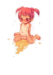 1girl blush completely_nude full_body kurotsuki_(luowei99) loli nude on_floor original pee red_eyes red_hair shaking short_twintails simple_background solo sweat tan tanline twintails white_background
